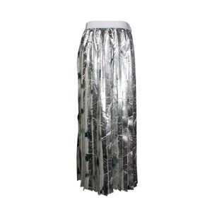 MSGM Pleated Floral Maxi Skirt in Metallic Silver Polyester